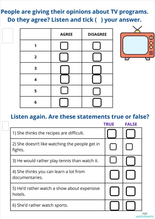 Television show comprehension questions worksheet for Kindergarten students