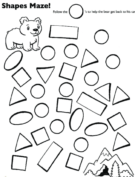 Engaging two-dimensional shapes maze for early math learning in kindergarten Colorful maze worksheet for kindergarteners to identify two-dimensional shapes