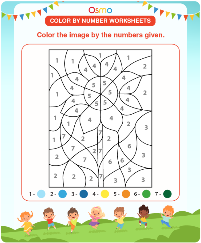 Kindergarten math worksheet with colorful sea creatures and simple addition problems for color by sum activity