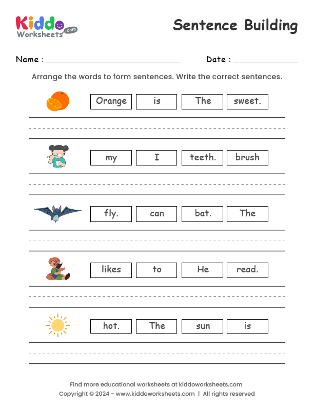 Kindergarten worksheet featuring vocabulary cards for the Constructing Words sight words lesson