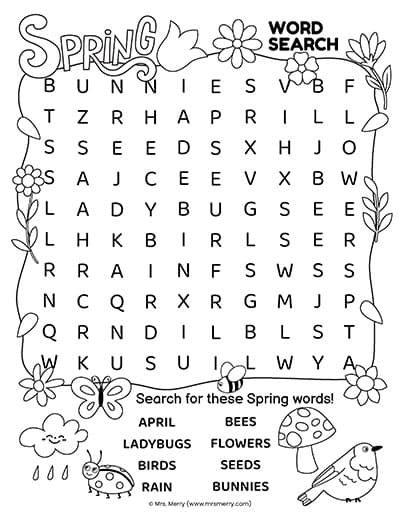 Kindergarten student completing a colorful Spring Word Search worksheet to build vocabulary skills