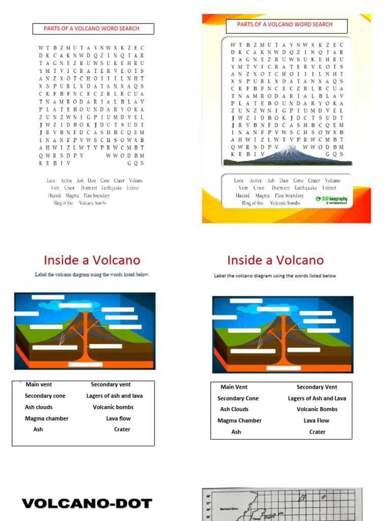 Colorful cut-and-paste worksheet for learning volcano parts suitable for kindergarten. Engaging Test Your Volcano Knowledge worksheet for young learners.