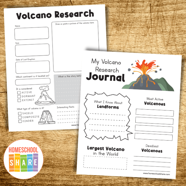 Colorful cut-and-paste worksheet for kindergarteners to learn about volcano parts