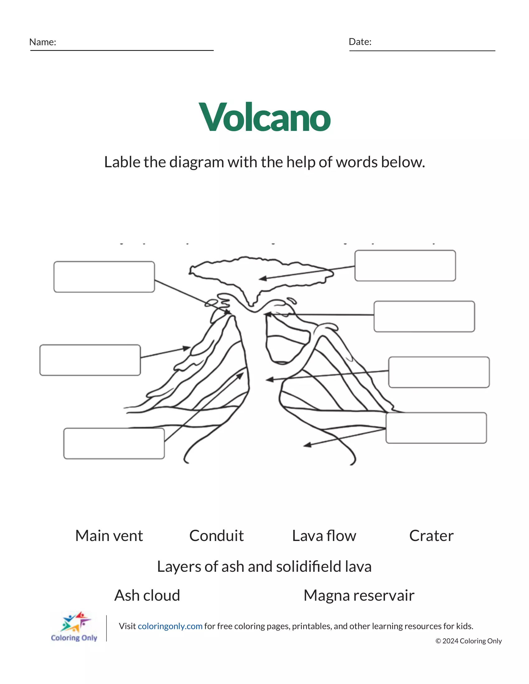 Colorful cut-and-paste worksheet for kindergarteners about volcano parts