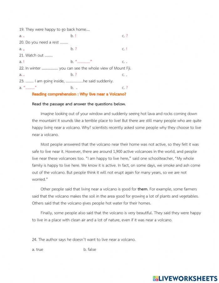 Colorful worksheet for kindergarteners to learn about volcano parts through cutting and pasting