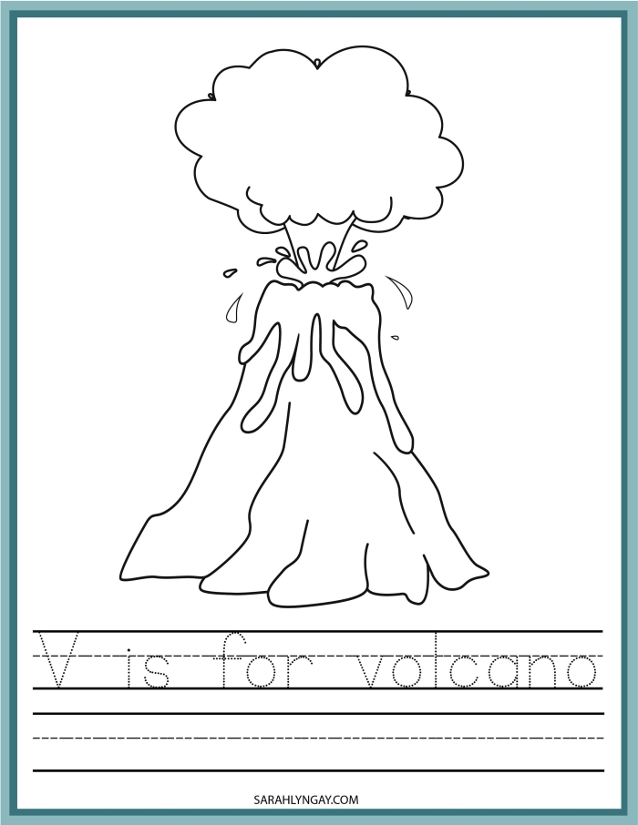 Colorful worksheet for kindergarteners to learn about volcano parts through cutting and pasting
