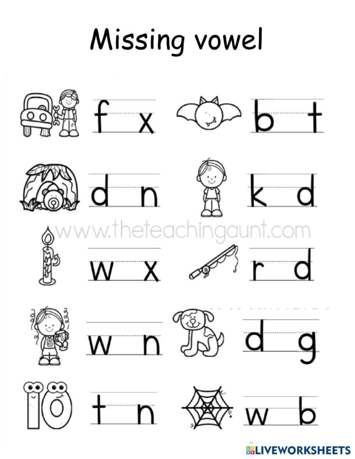 Printable worksheet for helping children learn vowels in a fun way Kindergarten Missing Vowels worksheet for vowel recognition and spelling practice