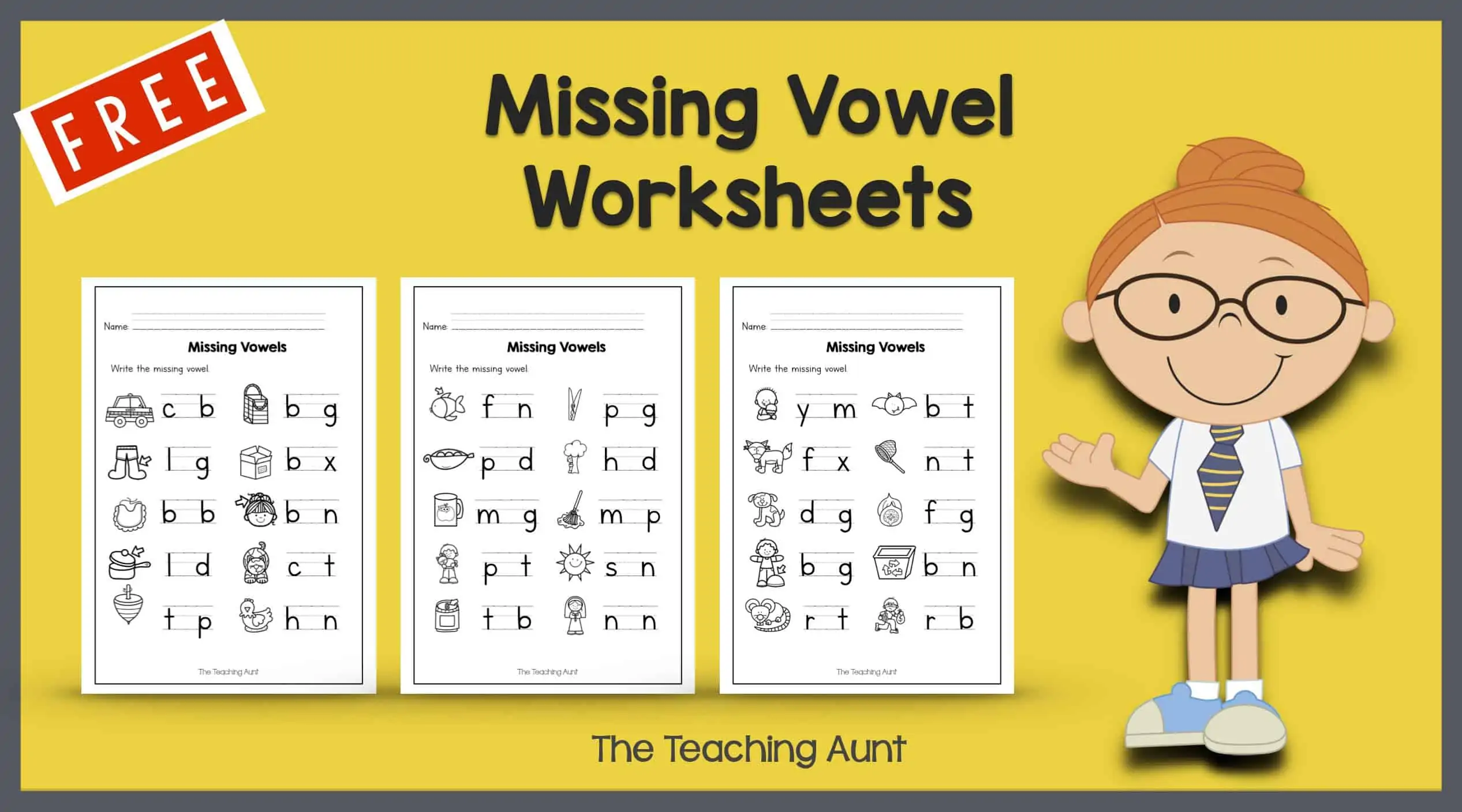 Printable worksheet for kindergarteners to practice missing vowels and improve literacy Kindergarten Missing Vowels worksheet designed to enhance vowel recognition and spelling skills
