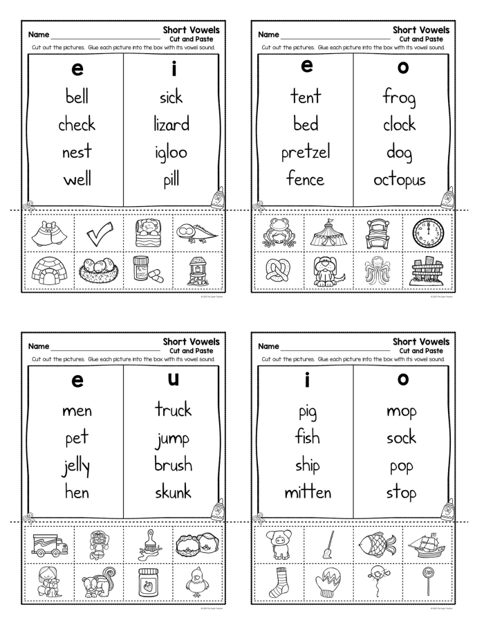 Short vowel worksheet for kindergarten students focusing on filling in missing vowels