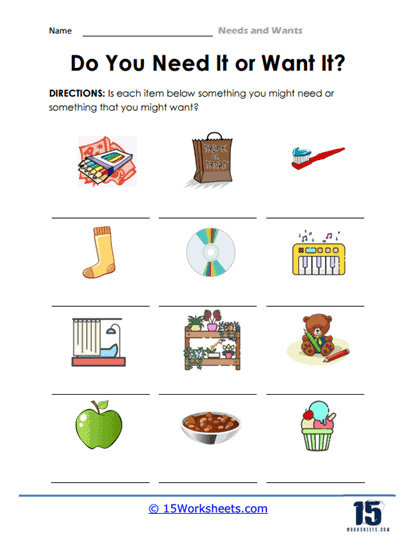 Wants vs. Needs worksheet for kindergarten students exploring essential concepts