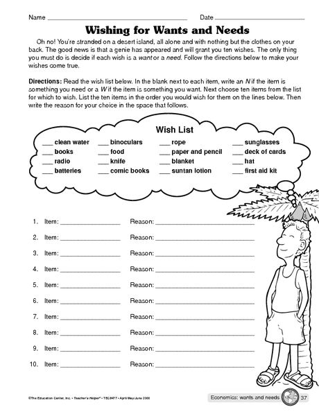 Wants vs. Needs worksheet for kindergarten students exploring basic concepts