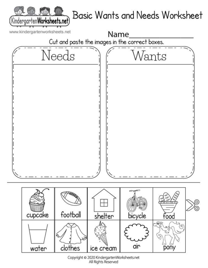 Kindergarten students learning to categorize wants versus needs on an educational geometry worksheet
