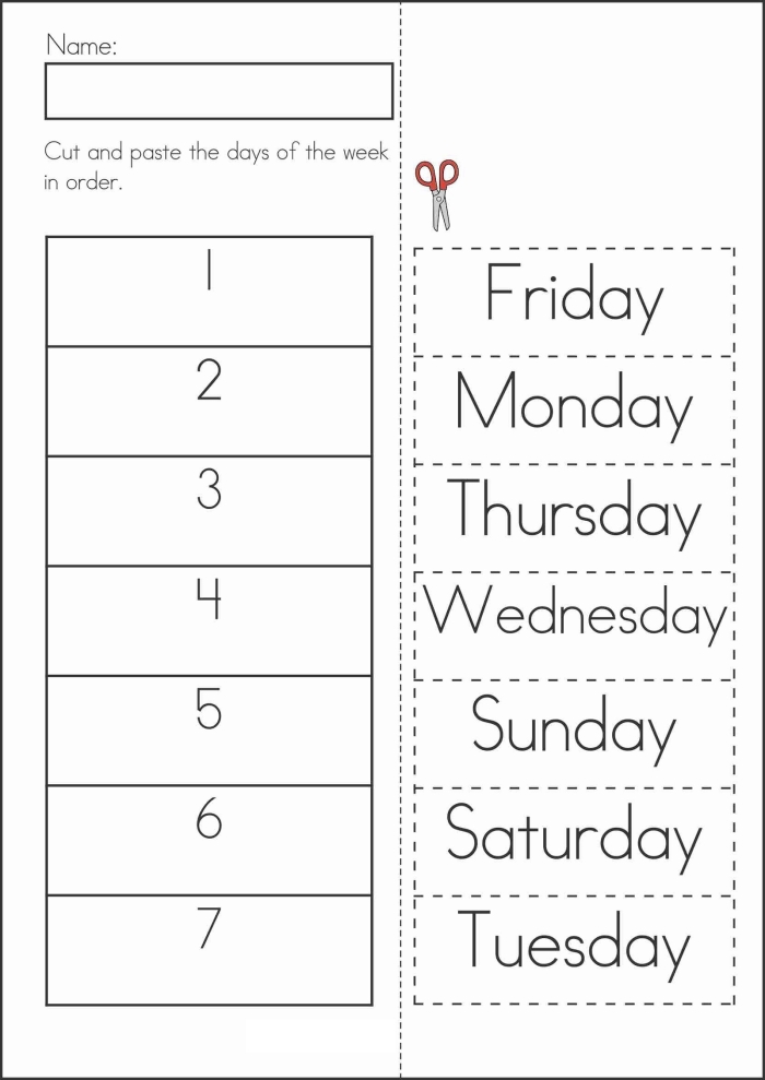 Kindergarten worksheet for learning the order of the days of the week labeled as number 14