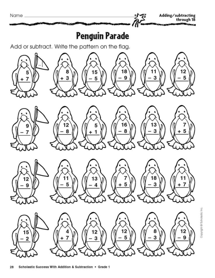 Winter-themed addition worksheet for kindergarten students to practice math skills.