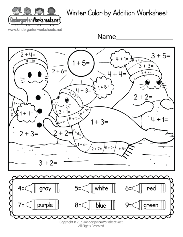 Kindergarten winter themed addition worksheet for math practice number seventeen