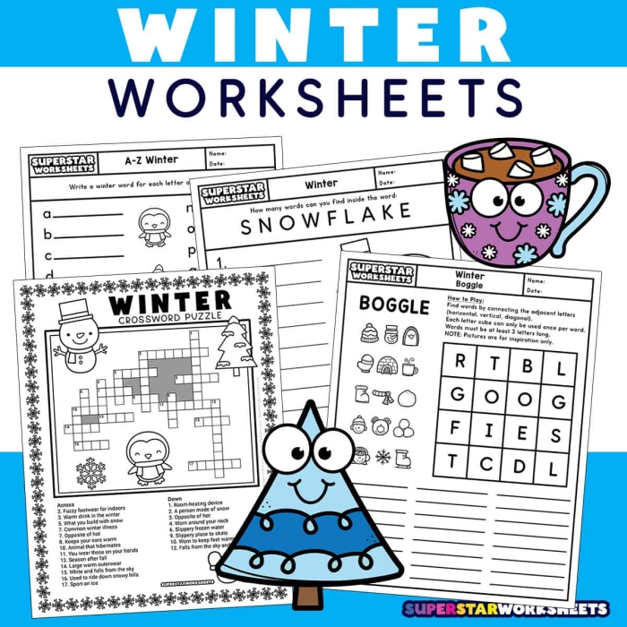 Kindergarten math worksheet featuring winter-themed addition problems for early learners
