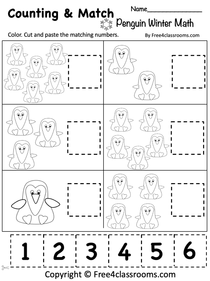 Winter-themed addition worksheet for kindergarten students featuring snowflakes and cheerful characters