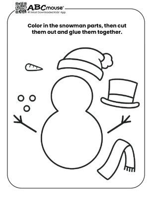 A young boy joyfully crafting a snowman in a snowy landscape for the Color the Snowman worksheet. Winter scene illustration for kindergarten physical science learning activities.
