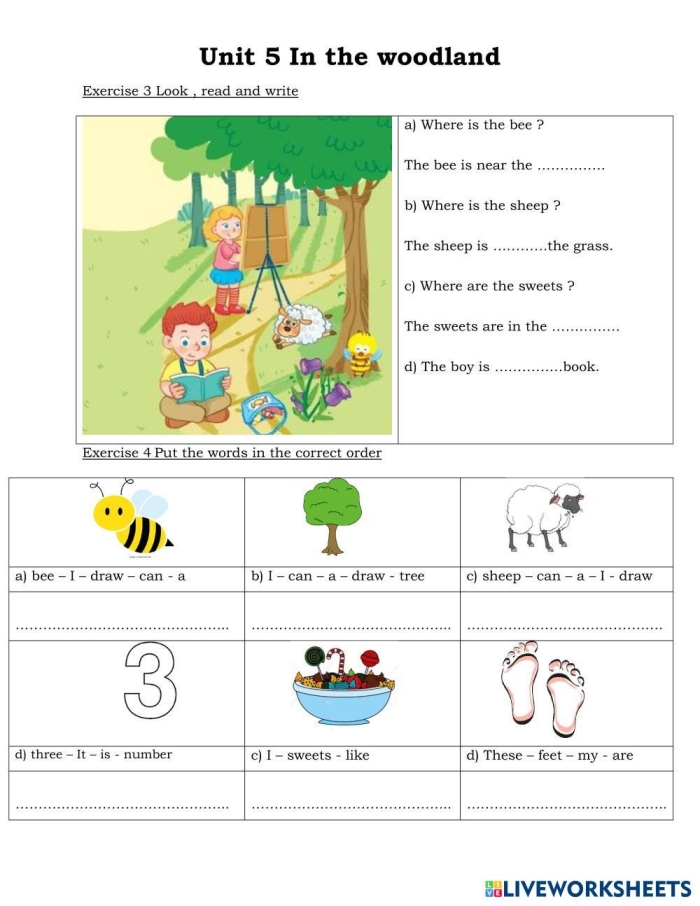 Kindergarten life science worksheet for matching woodland animals to their names