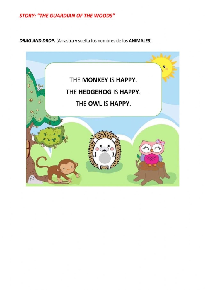 Kindergarten matching worksheet featuring animal pictures and vocabulary words for a woods theme