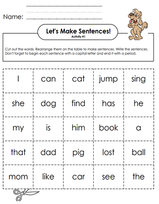 Vocabulary cards designed for the Constructing Words worksheet in a kindergarten sight words lesson