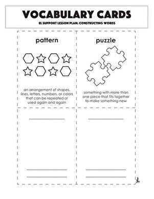 Vocabulary cards designed for the Constructing Words worksheet in a kindergarten sight words lesson