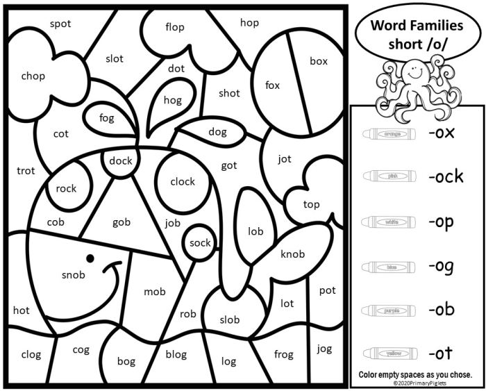 Colorful worksheet featuring word families for "op", "an", and "at" aimed at kindergarten students