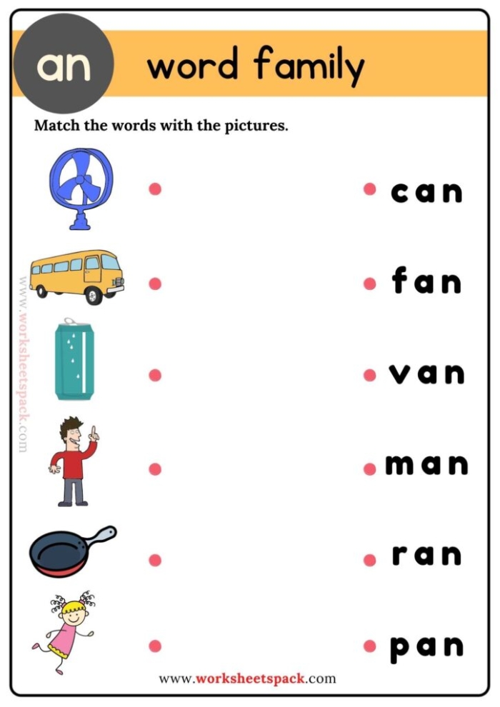 Colorful Word Families worksheet for kindergarten focusing on "op", "an", and "at" words