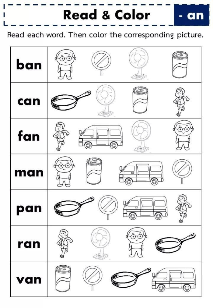 Colorful worksheet featuring "op", "an", and "at" word families for kindergarten students