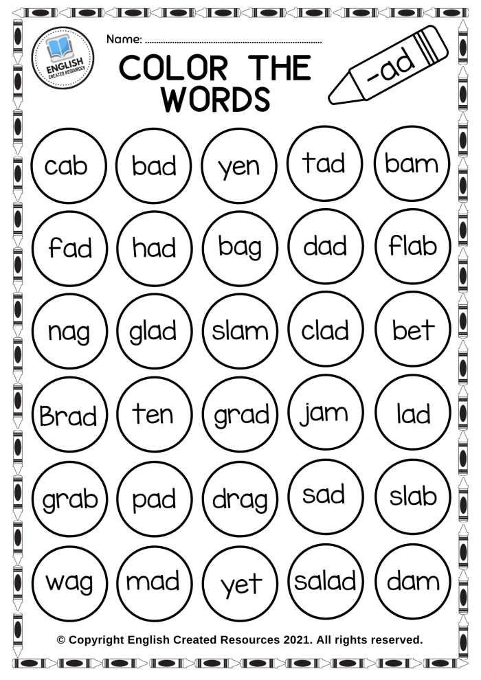 Colorful worksheet for kindergarten focusing on matching "op", "an", and "at" word families