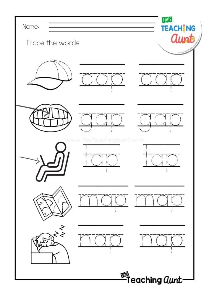 Returning Rhyme II Word Family Practice Worksheet for Kindergarten Students Kindergarten worksheet featuring word family practice for at, an, ap and ad sounds