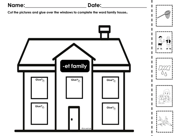 Kindergarten students sorting cut and paste word family houses for -at and -ay patterns