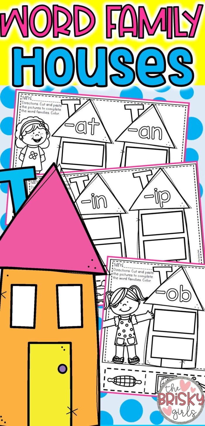 Kindergarten worksheet featuring cut-and-paste houses for sorting -at and -ay word families