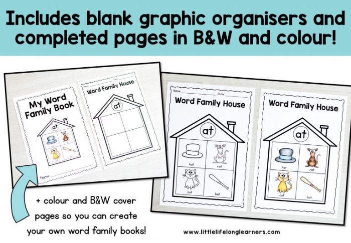 Kindergarten worksheet for sorting -at and -ay word family houses with cut and paste activities