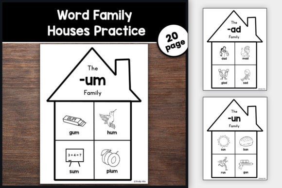 Kindergarten worksheet featuring house illustrations for sorting -at and -ay word family words