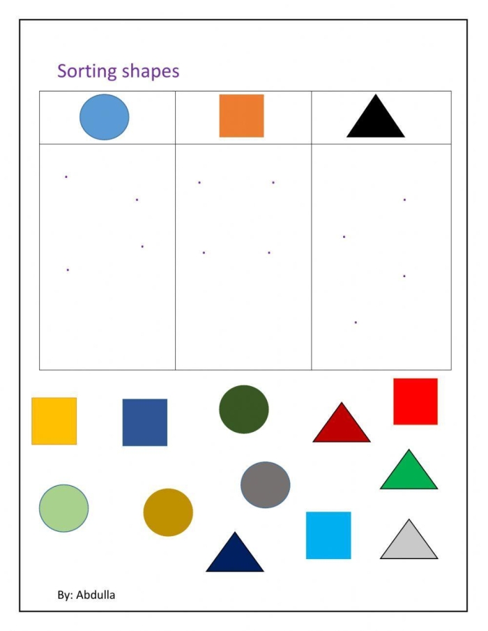 Kindergarten worksheet for sorting 2D and 3D shapes featuring geometric figure identification practice