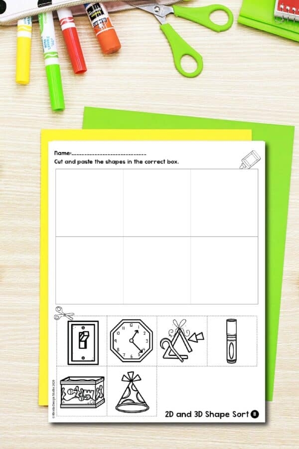 Worksheet featuring various 2D and 3D shapes for sorting activities aimed at kindergarten students