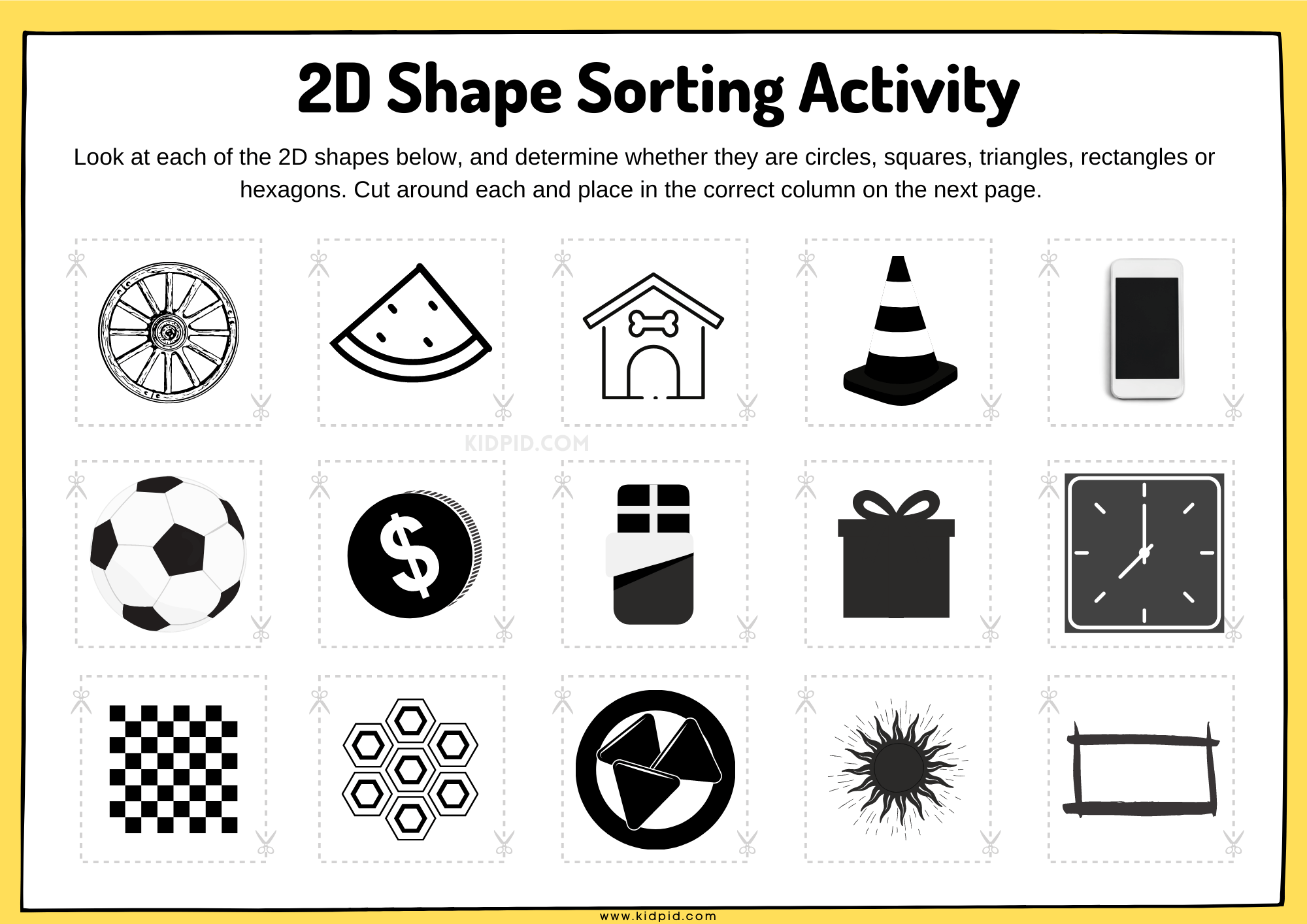 Kindergarten worksheet for sorting 2D and 3D shapes exercise 20