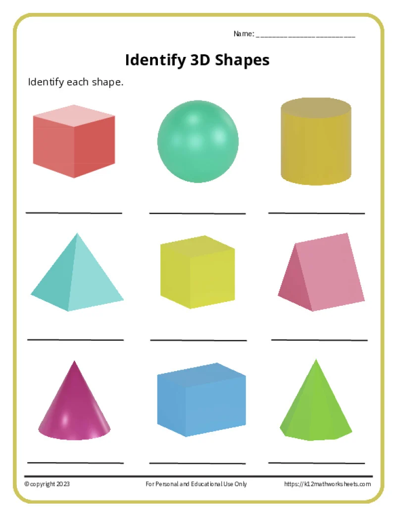 Identifying 3D Shapes in the World Worksheet 19 Kindergarten worksheet showing 3D shapes found in everyday objects and activities
