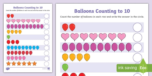 Kindergarten student worksheet featuring colorful balloon illustrations to practice basic addition up to 10