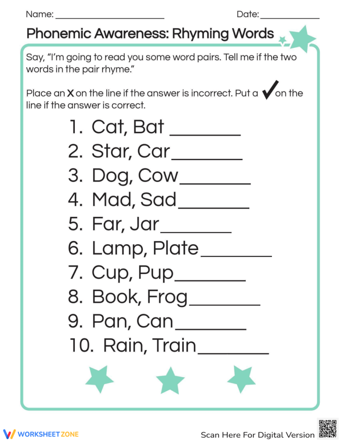 Kindergarten student completing a phonemic awareness worksheet focused on identifying rhyming pairs