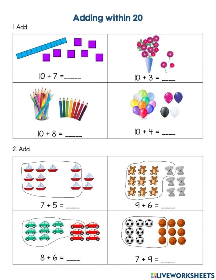 Adding Up To 20 Balloon Math Worksheet for Kindergarteners Kindergarten student practicing addition with colorful balloon counting worksheet number 5
