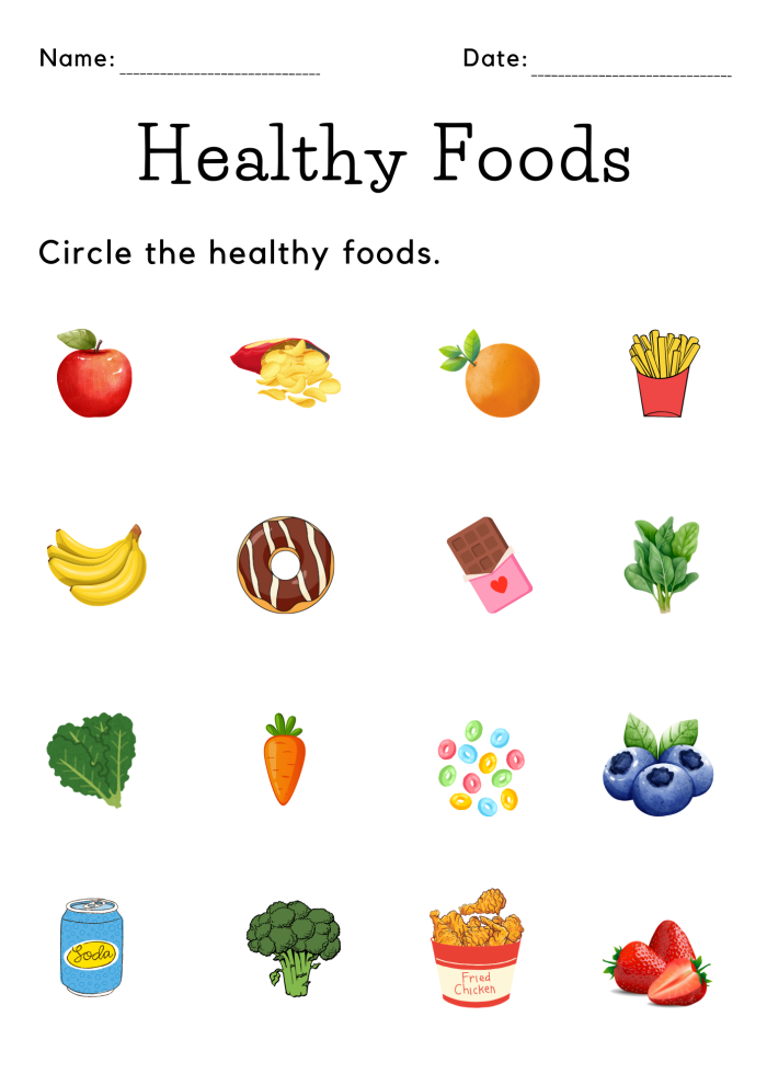 Colorful worksheet for kindergarteners to identify healthy foods by cutting and pasting them onto a plate