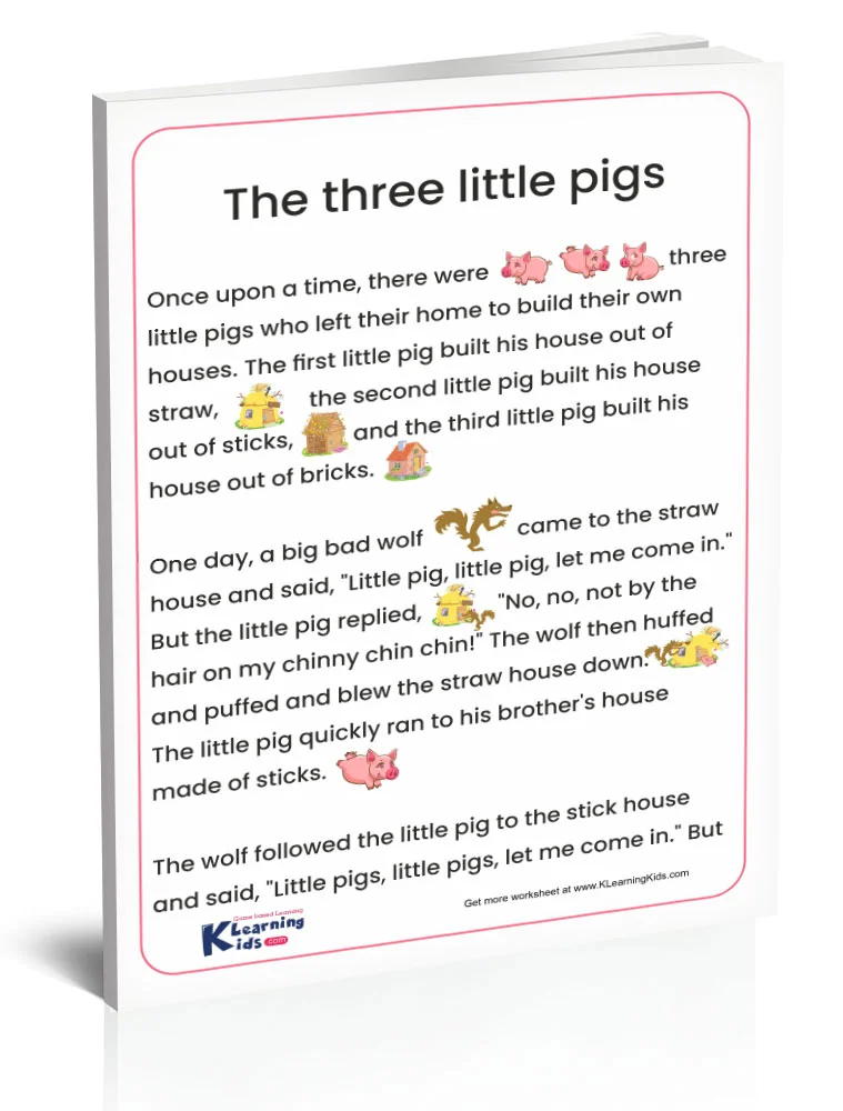 Worksheet image for reading comprehension of "The Five Little Pigs" poem Illustration of a worksheet featuring "The Five Little Pigs" for kindergarten students