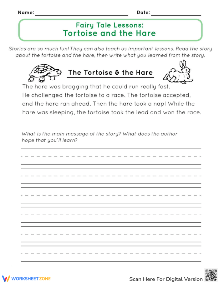 Engaging educational activity on the classic story of The Hare and the Tortoise for kindergarten students A colorful worksheet featuring the race between the tortoise and the hare from Aesop's fable