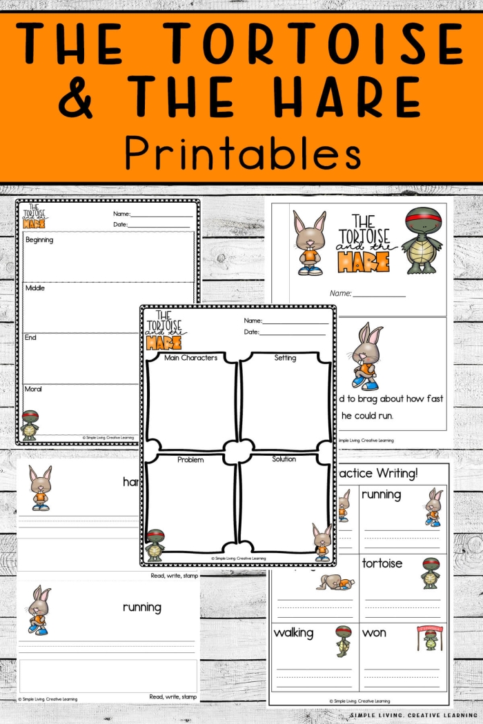 Worksheet for The Hare and the Tortoise - A fun learning activity for young learners A colorful illustration of the tortoise and hare racing in Aesop's fable for kindergarten students
