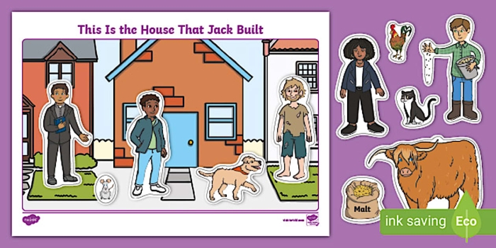 Reading comprehension activity based on a classic nursery rhyme Worksheet featuring "The House that Jack Built" for kindergarten students