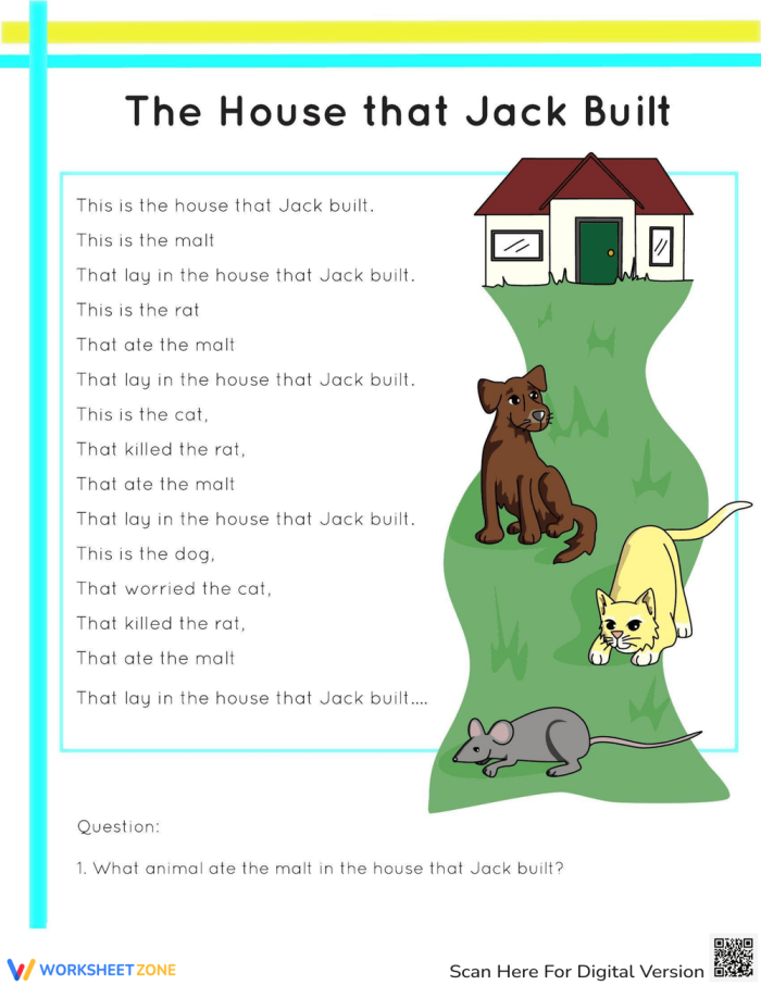 Engaging reading comprehension activity based on a classic nursery rhyme A colorful worksheet featuring "The House that Jack Built" for kindergarten students