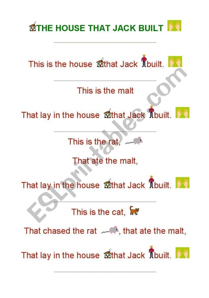 Reading comprehension activity related to the classic nursery rhyme for young learners Illustration of a worksheet featuring "The House that Jack Built" for Kindergarten students