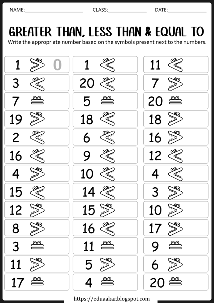 Worksheet illustrating less than and greater than concepts for kindergarten students